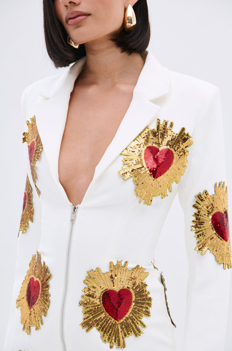 GLISTENING IN GOLD BLAZER DRESS IN WHITE