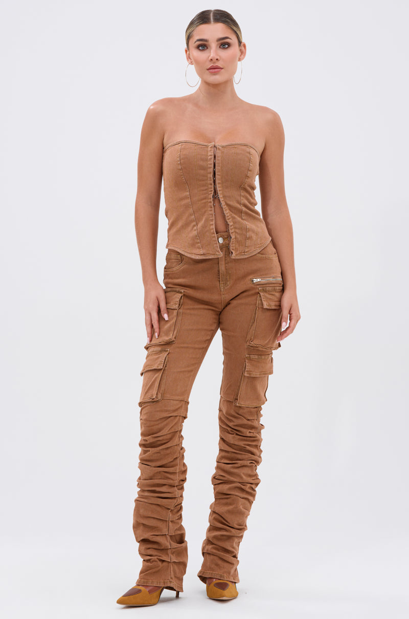 IT GETS EASIER STACKED CARGO PANT IN MOCHA