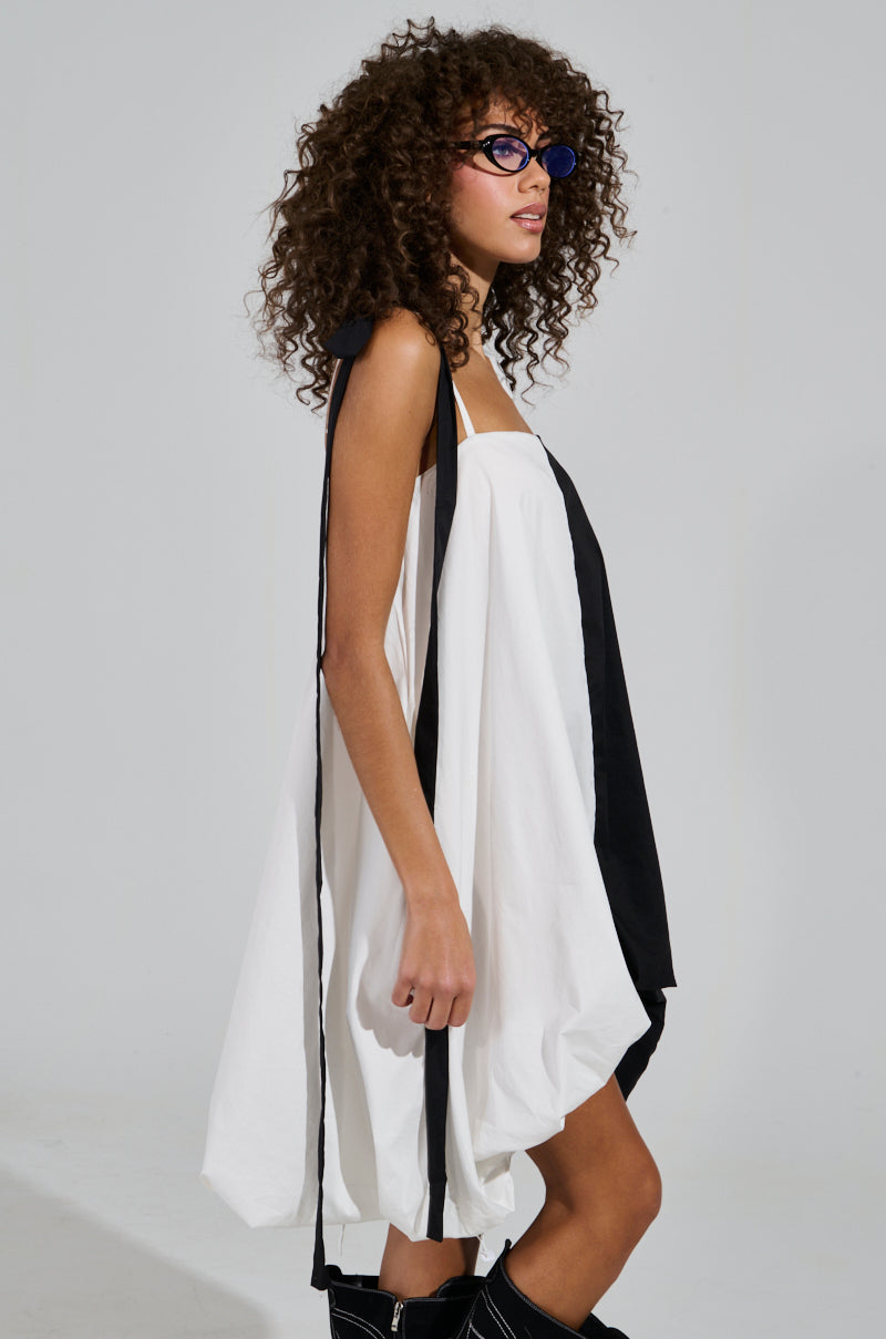 CUTIE GIRL POPLIN MINI BLACK AND WHITE DRESS WITH BOW DETAILS