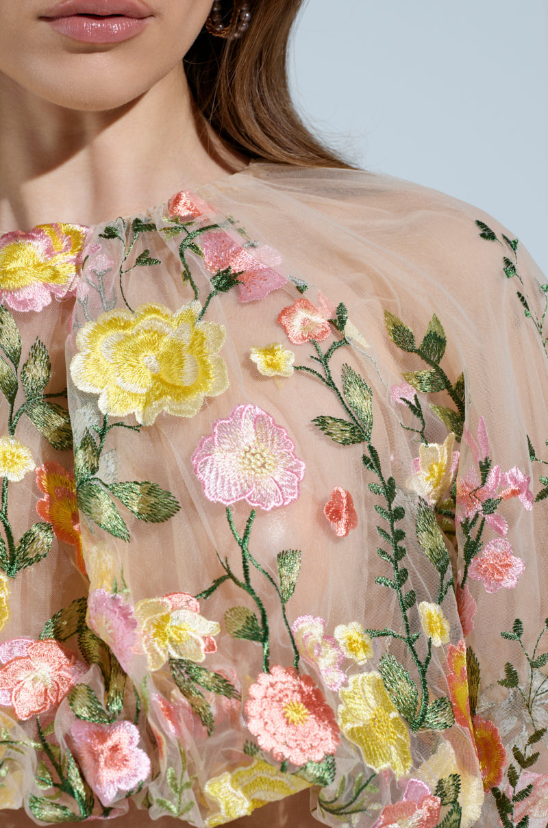 GARDEN PARTY FLORAL EMBROIDERY TULLE TOP