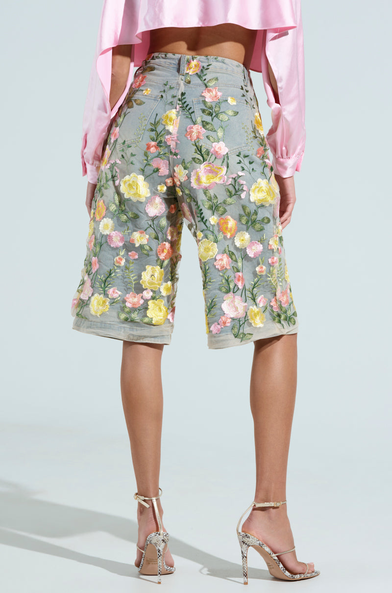 GARDEN PARTY STRETCH DENIM WITH FLORAL TULLE BERMUDA SHORTS
