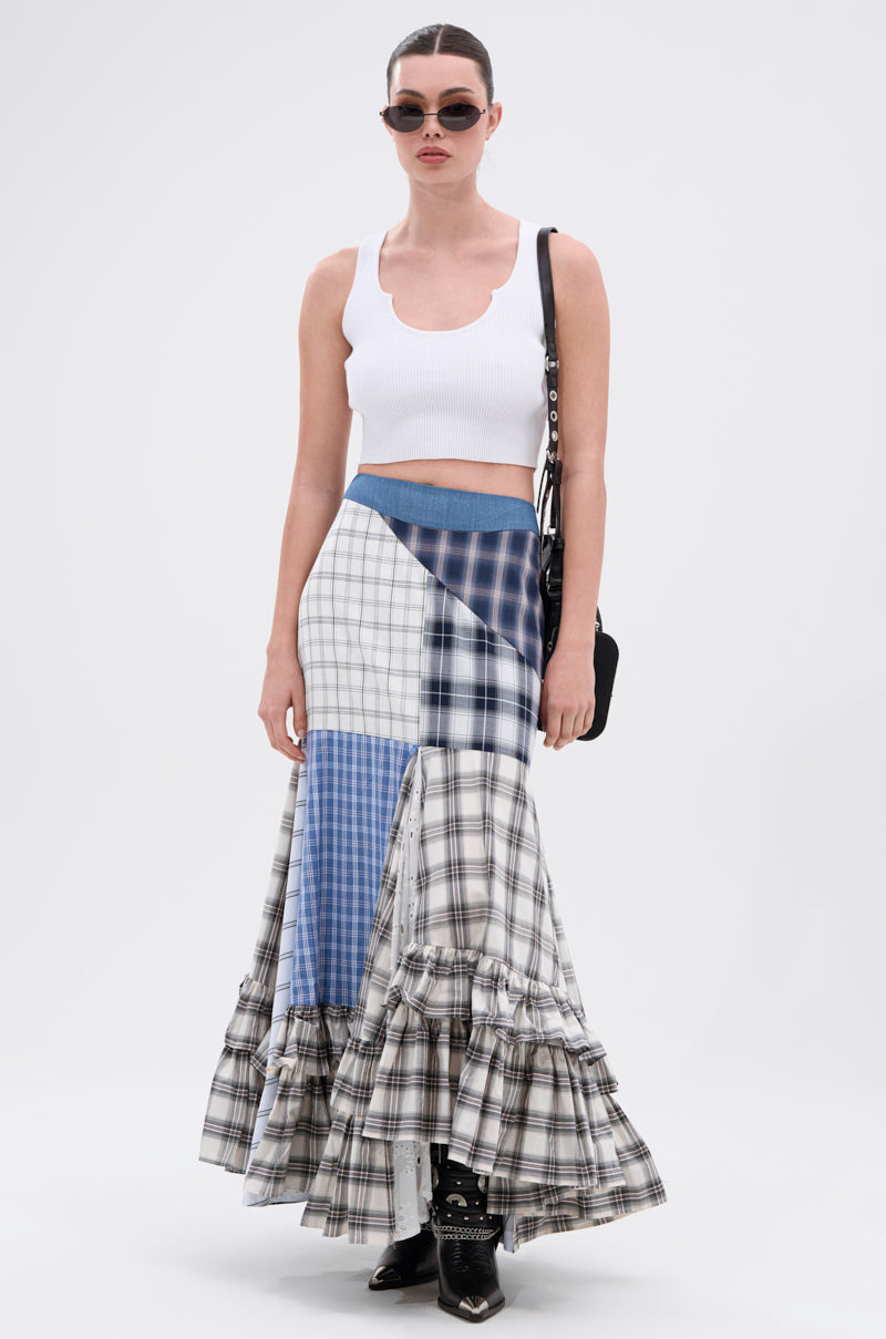 OUT OF ALIGNMENT PLAID MIDI SKIRT