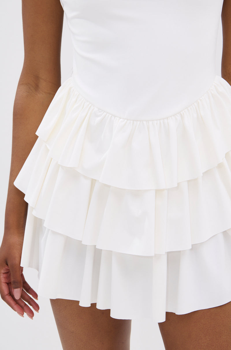 EVERYDAY UNIFORM RUFFLED MINI DRESS IN IVORY