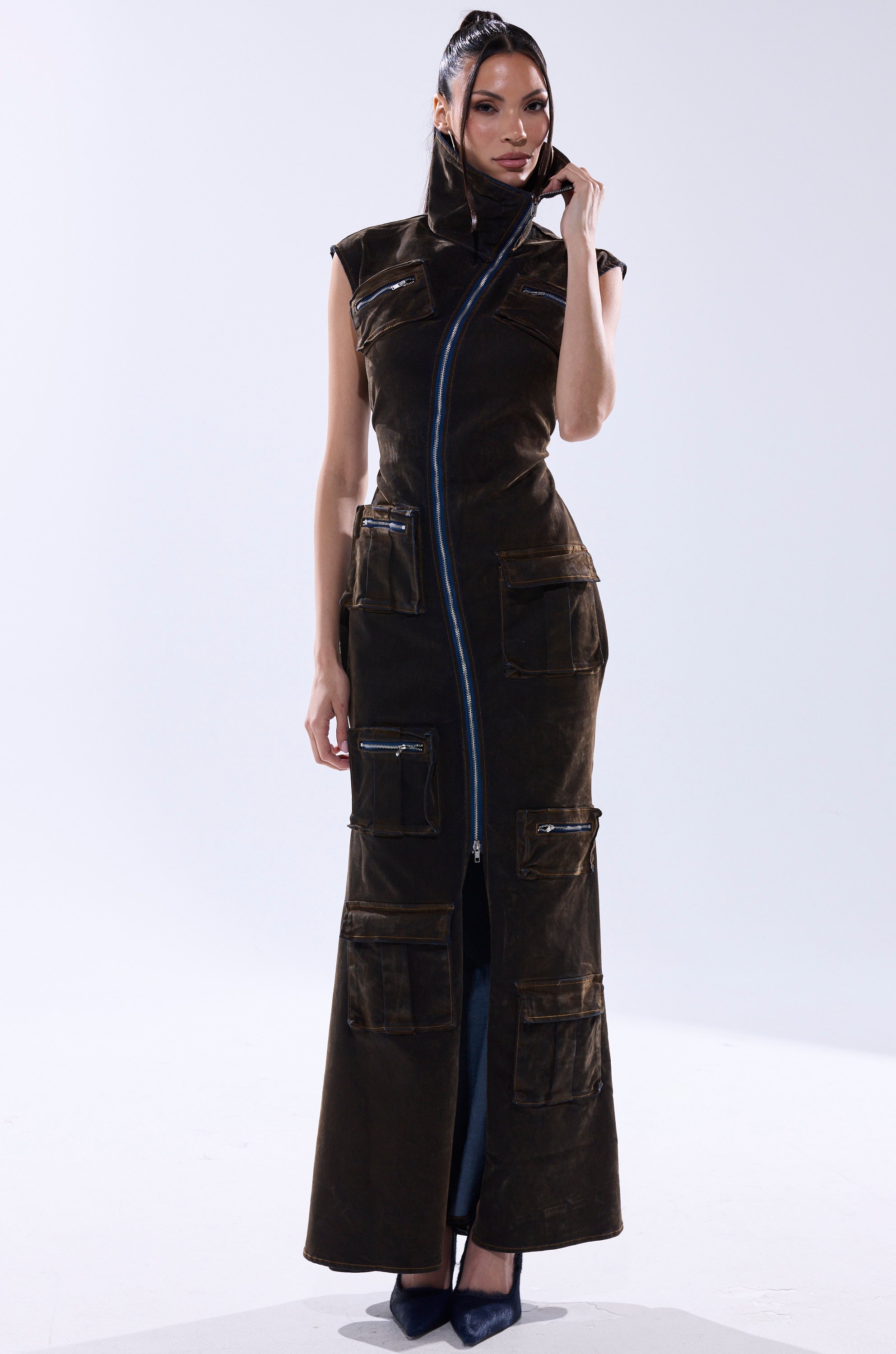 NOW YOU SEE ME VELVET DENIM MAXI DRESS