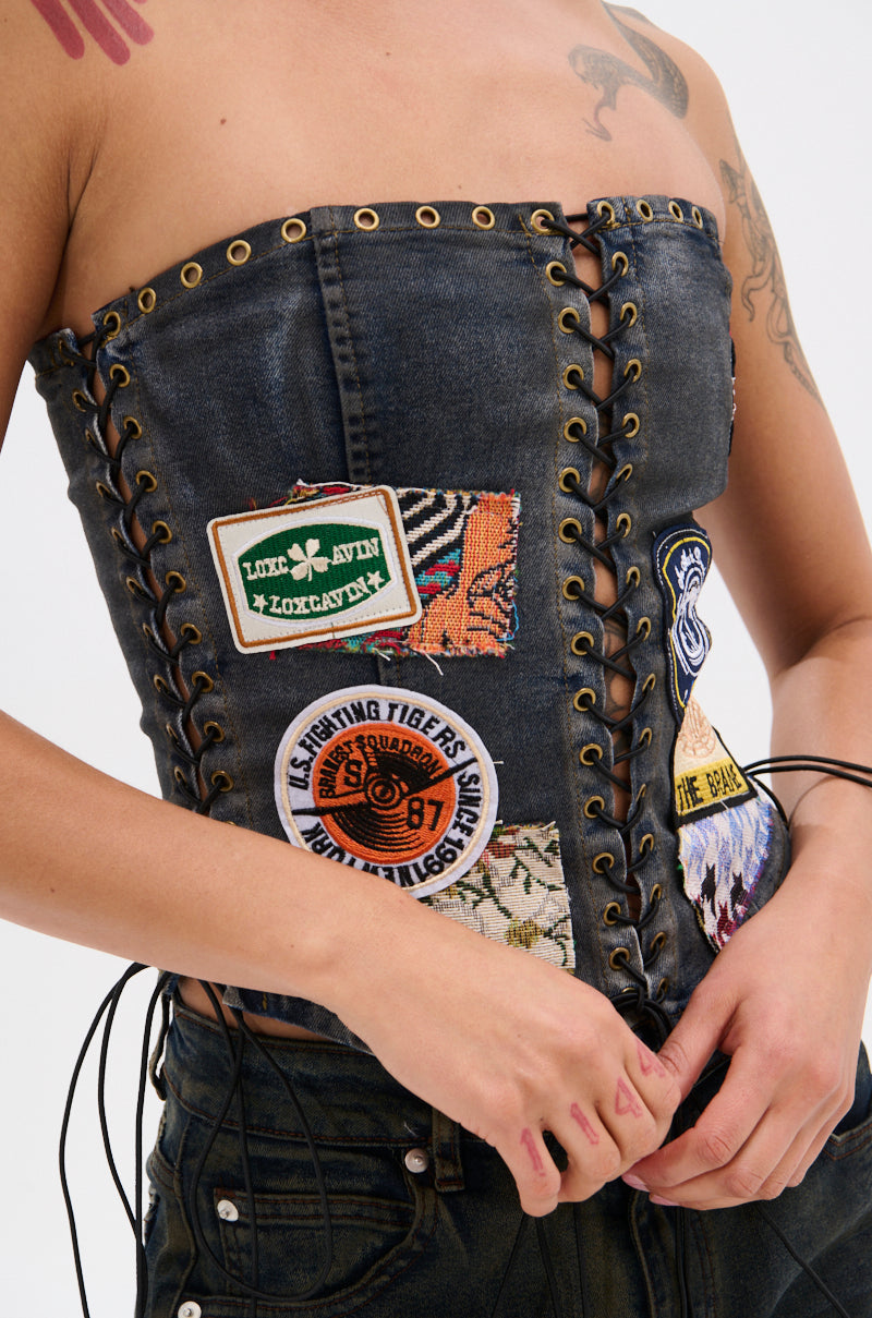 ARTS AND CRAFTS PATCH WORK DENIM CORSET