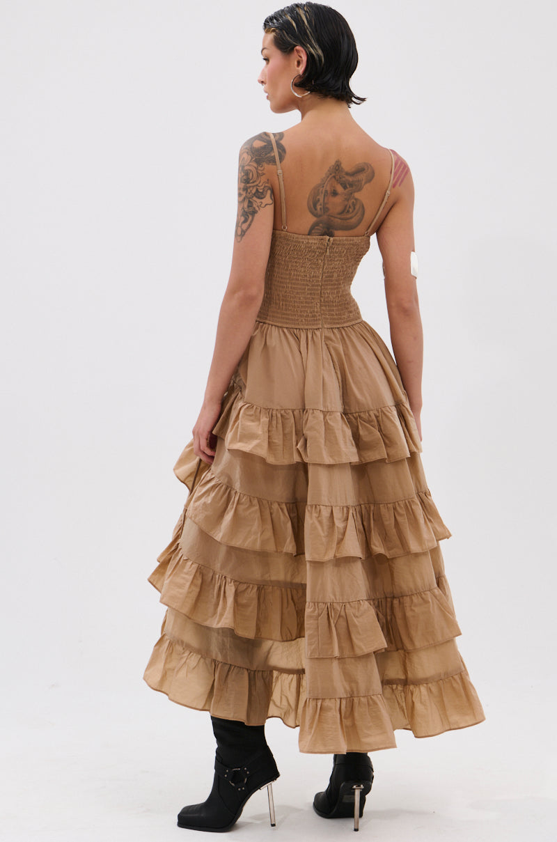 ADDED DRAMA RUFFLED MIDI DRESS IN KHAKI