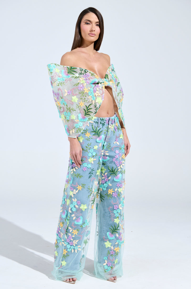 GARDENIA DENIM WITH FLORAL TULLE WIDE LEG JEANS