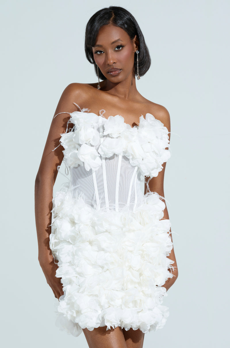 ON BROADWAY FEATHER AND FLOWER MINI DRESS