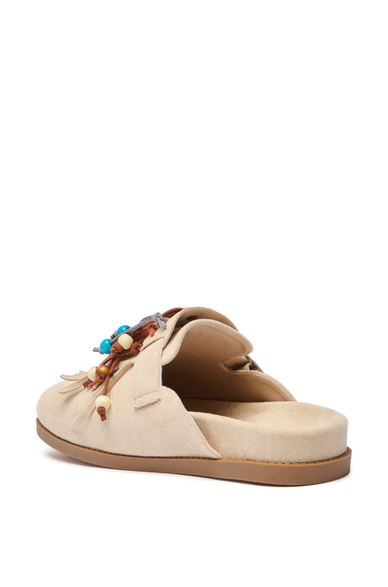 AZALEA WANG ABEILLE BEIGE FAUX SUEDE FRINGE CLOG