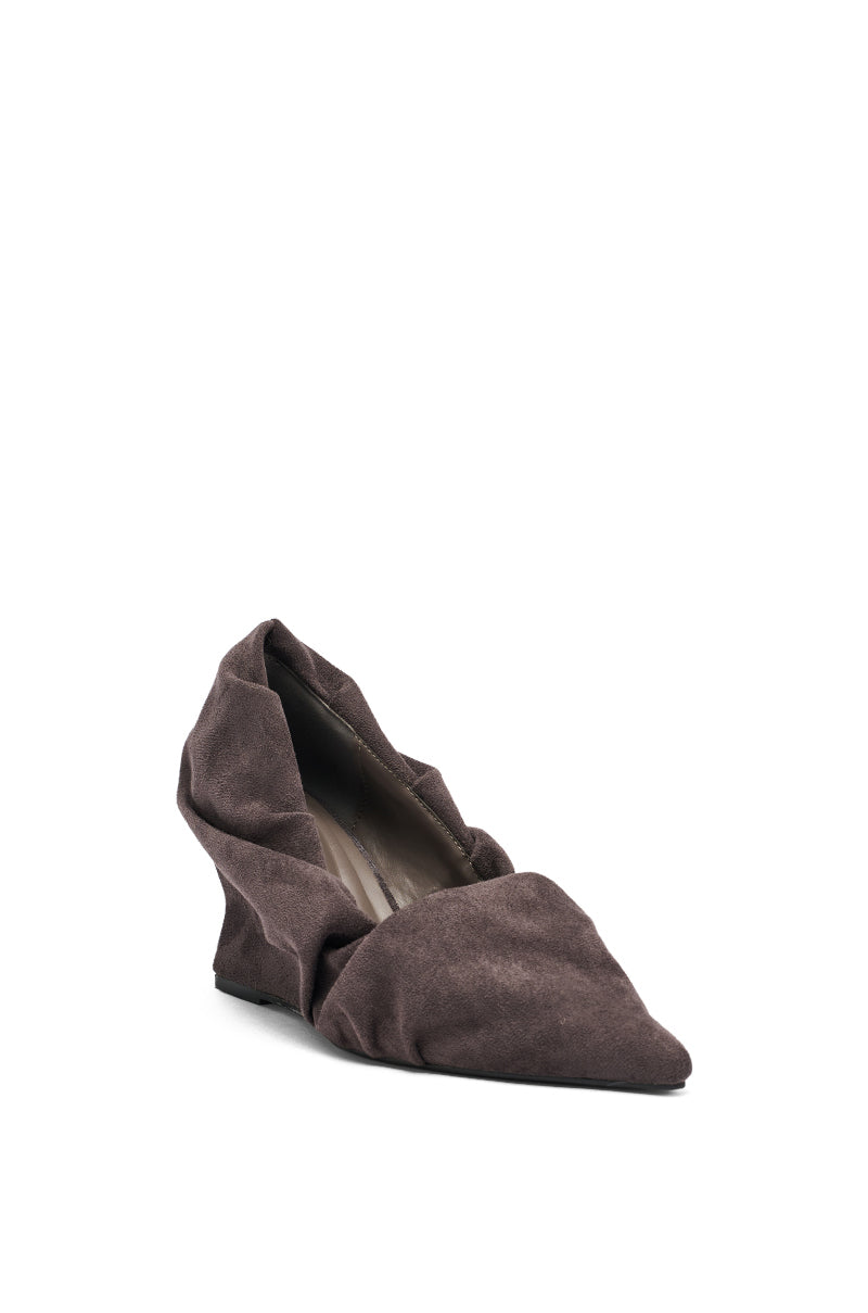 AZALEA WANG AICHA FAUX SUEDE GRAY RUCHED WEDGE PUMP