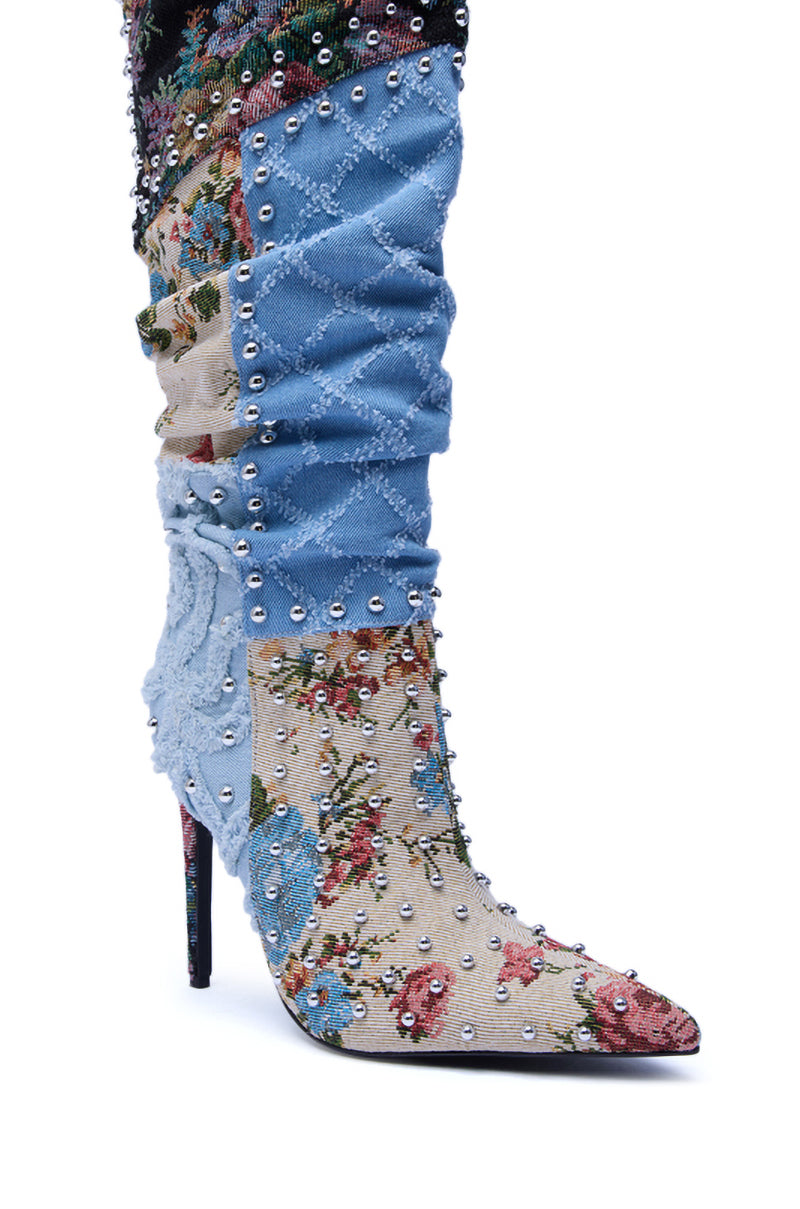 AZALEA WANG AILA DENIM MULTI STUDDED POINTED TOE STILETTO BOOT