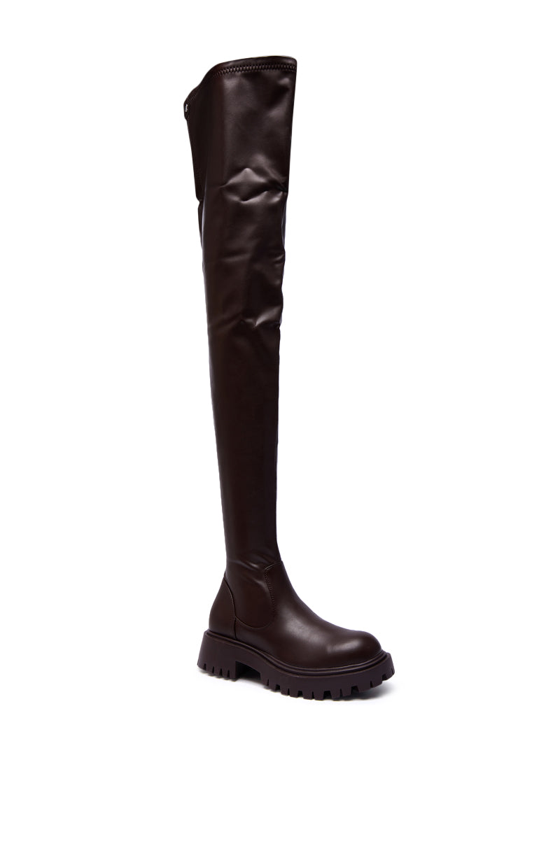 AZALEA WANG AJUNA CHOCOLATE FOUR WAY STRETCH PU FLAT BOOT