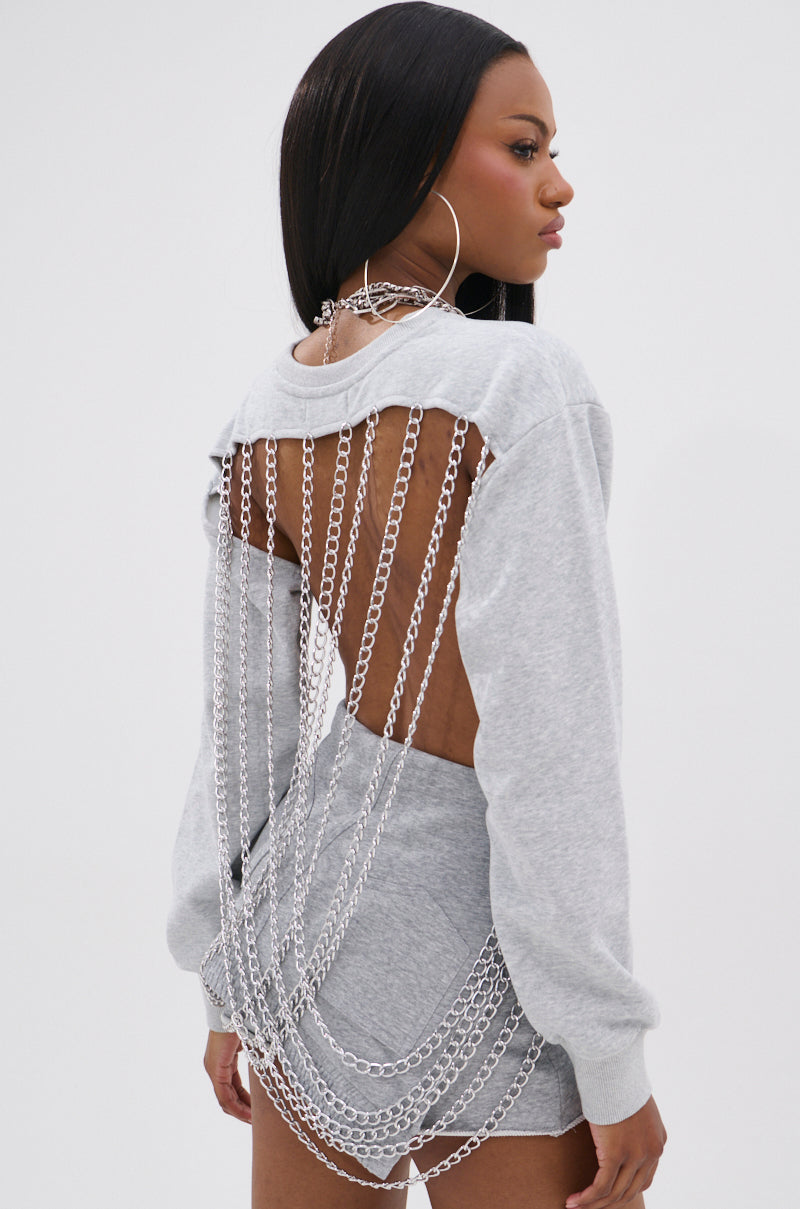 OPEN BACK CHAIN DETAIL SWEATSHIRT IN GREY