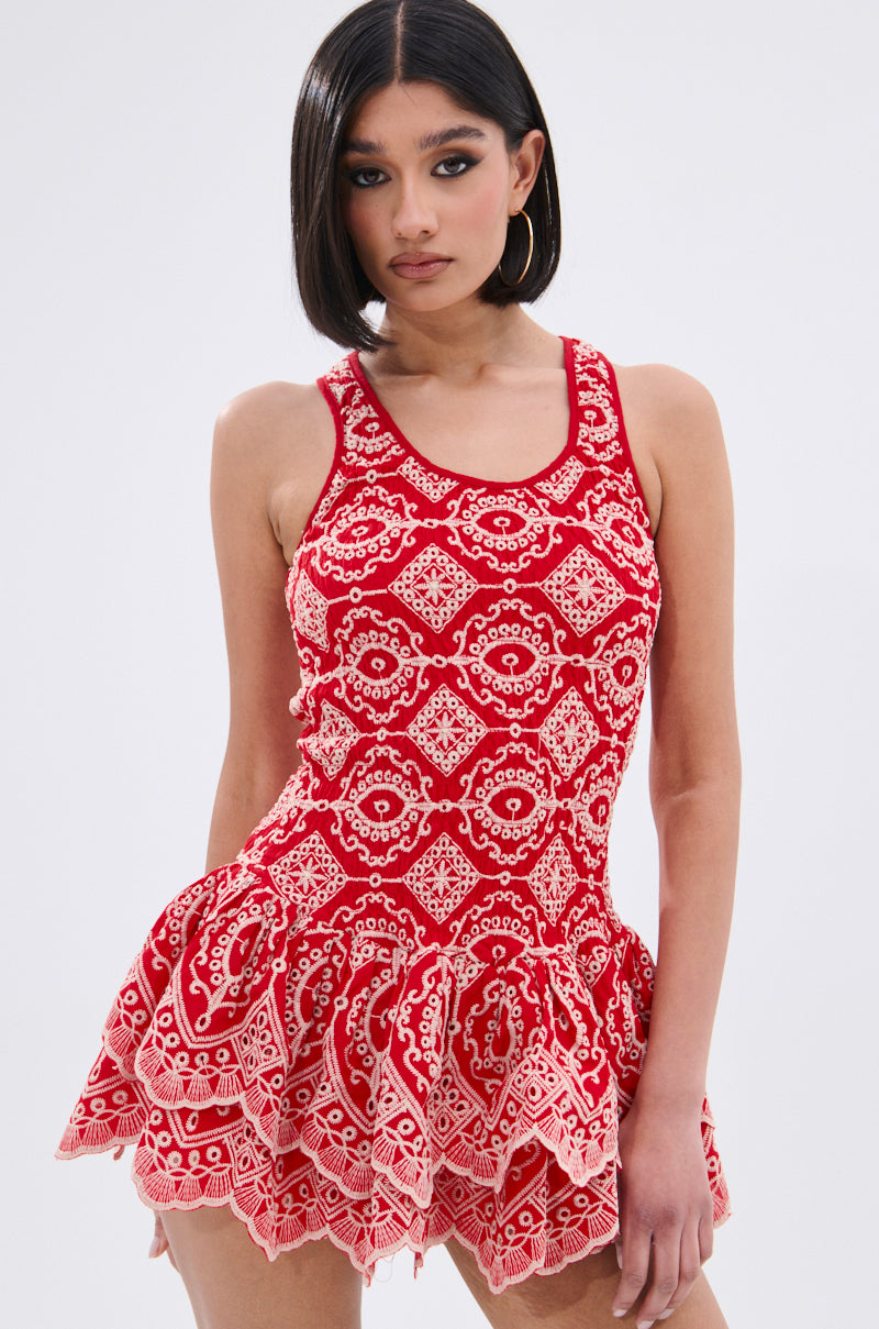JANINE PRINTED RUFFLE MINI DRESS IN RED
