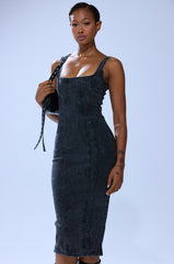 GRUNGY ATTITUDE DENIM MIDI DRESS WITH RHINESTONES