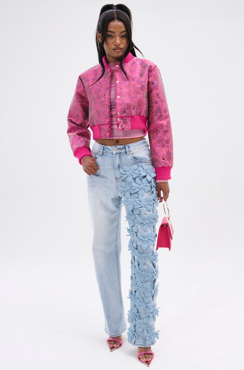 FLORAL FIELDS APPLIQUE DENIM PANTS
