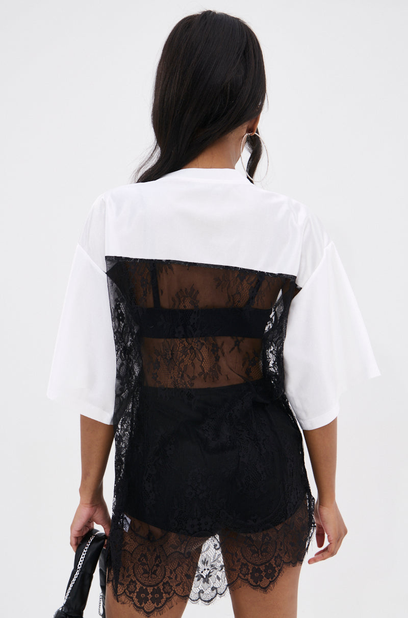 IT GIRL LACE JERSEY DRESS IN WHITE AND BLACK