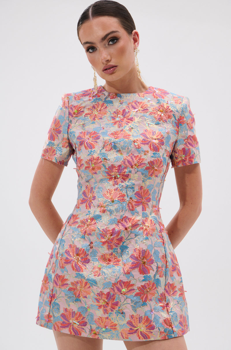 PRETTY IN PINK BROCADE BEADED MINI DRESS