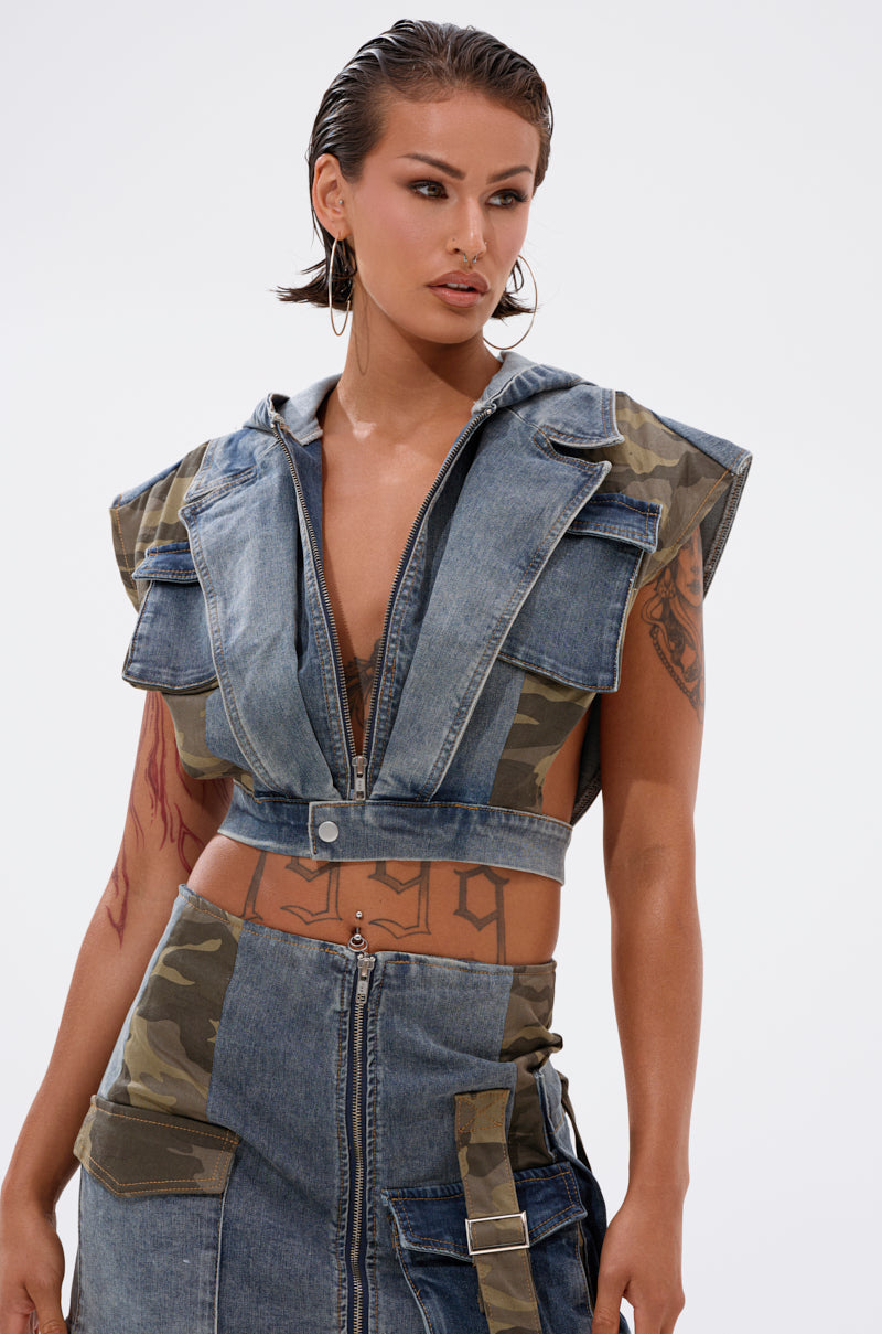 DOWN AND DIRTY DENIM HOODED VEST