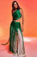 GINA SINGLE SHOULDER FRINGE TOP IN KELLY GREEN