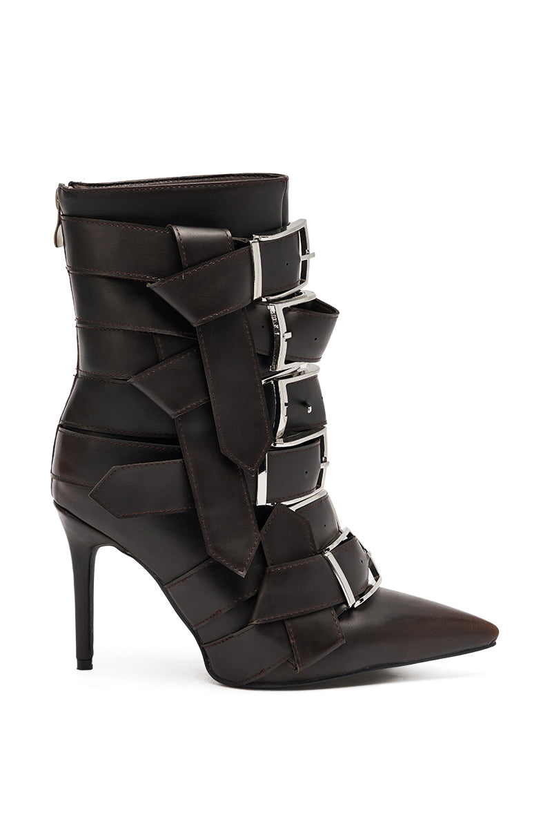 AZALEA WANG ALCETAS CHOCOLATE STILETTO BOOTIE WITH BUCKLES