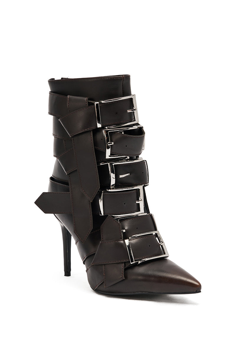 AZALEA WANG ALCETAS CHOCOLATE STILETTO BOOTIE WITH BUCKLES
