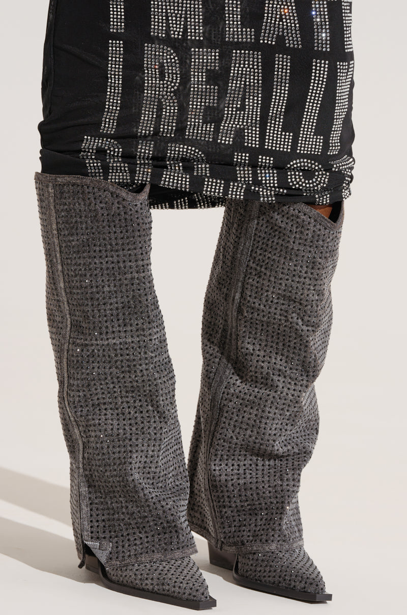 AZALEA WANG CALCIFER GRAY RHINESTONE AND DENIM WESTERN BOOT