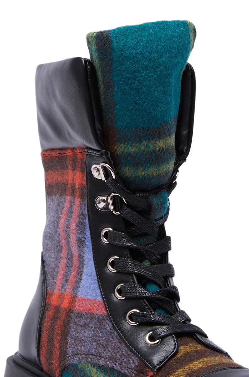 AZALEA WANG CALIBAN BLACK MULTI PLAID COMBAT BOOTIE