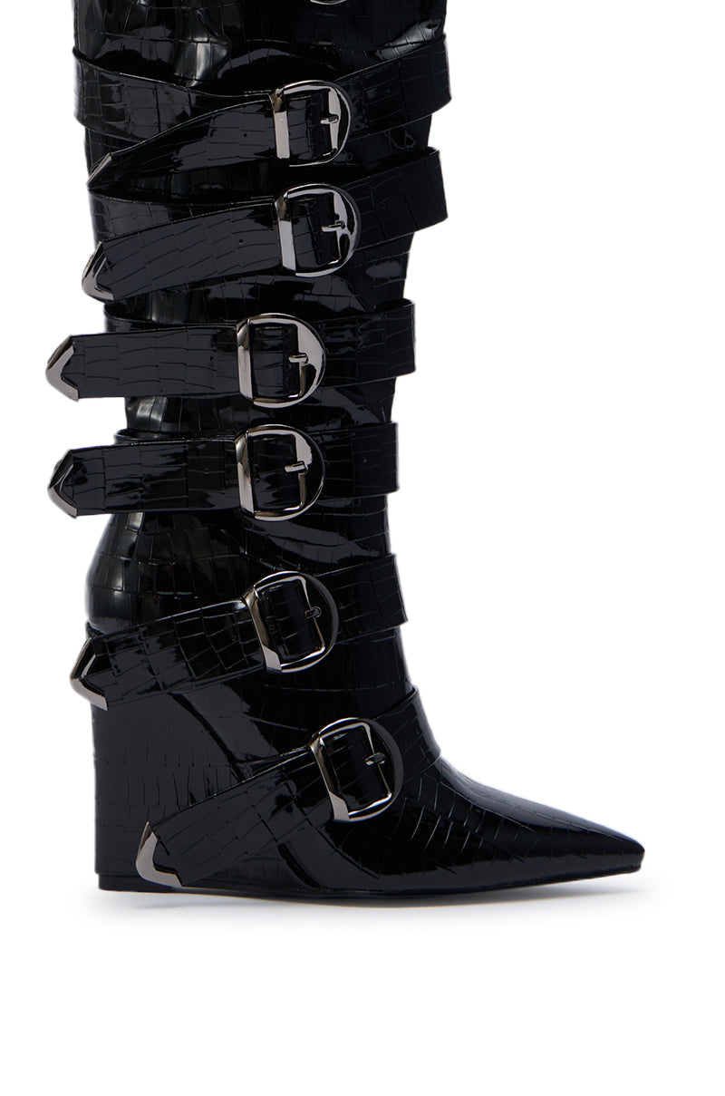 AZALEA WANG CINZIA BLACK CROC BUCKLE WEDGE BOOT