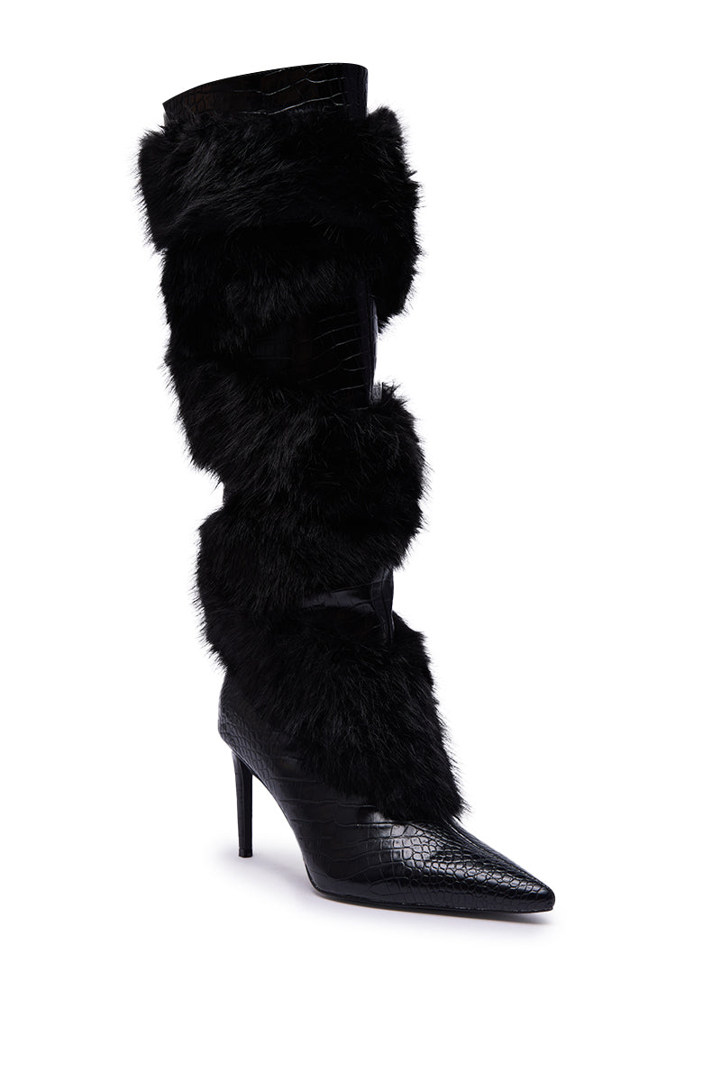 AZALEA WANG CONRADDE BLACK MIXED MATERIAL FUR AND SNAKE STILETTO BOOT