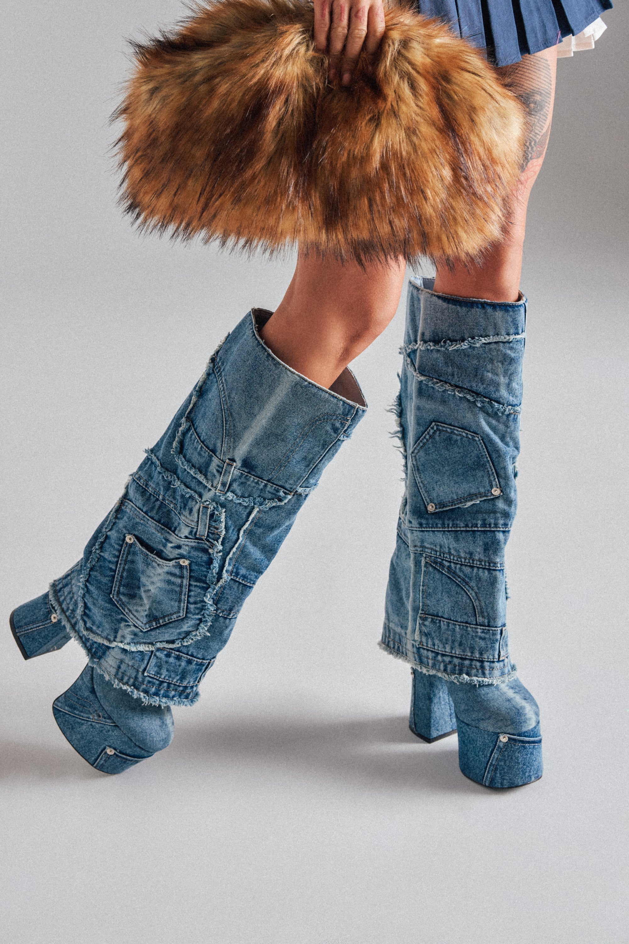 AZALEA WANG DUMI DENIM CHUNKY PATCHWORK BOOT
