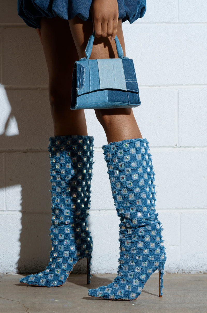 AZALEA WANG EVE DENIM KNEE HIGH EMBELLISHED BOOT