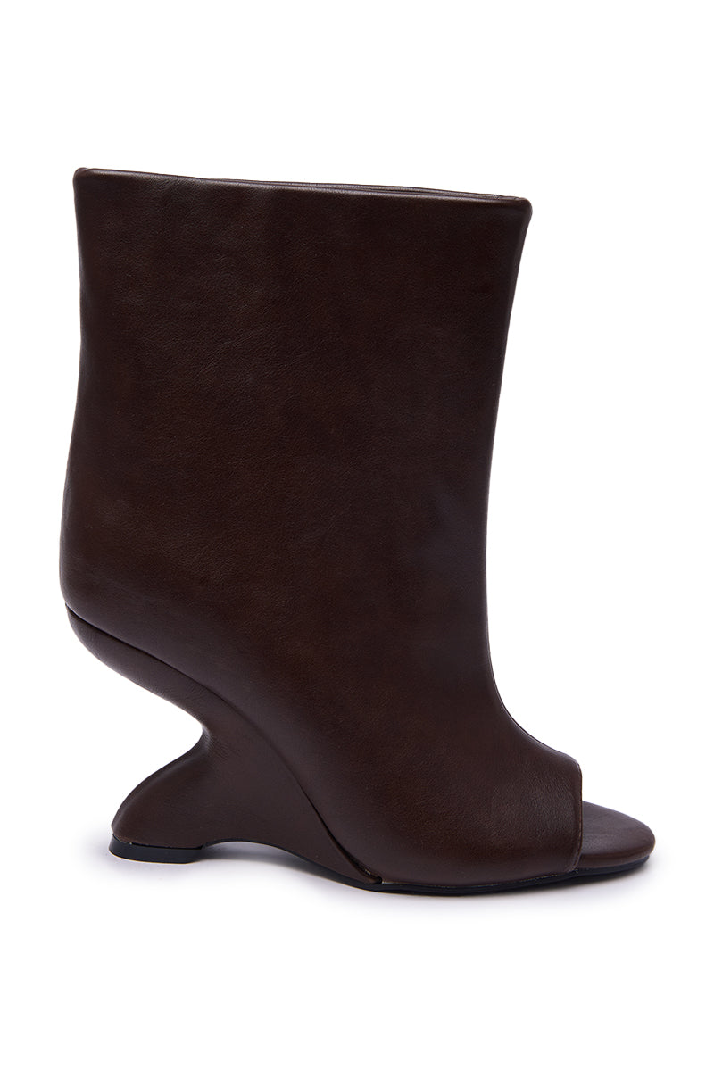 AZALEA WANG FAOI BROWN INVERTED WEDGE OPEN-TOE BOOTIE