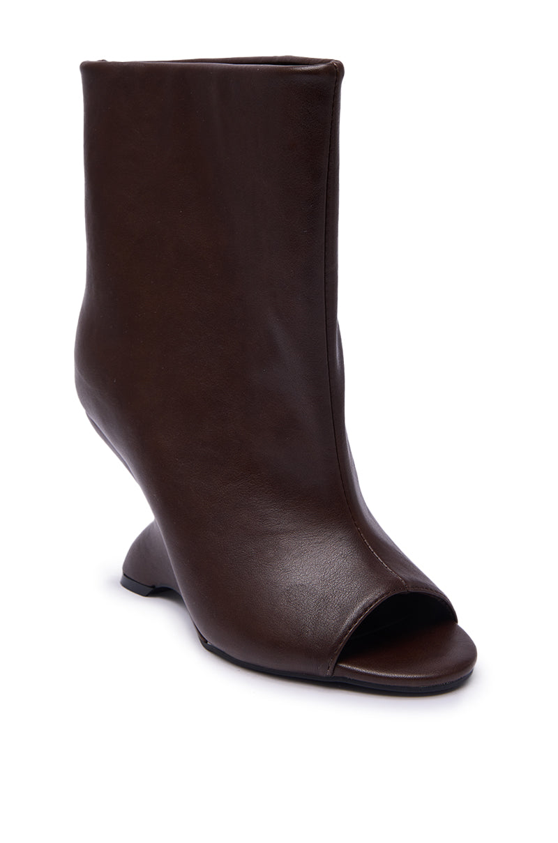 AZALEA WANG FAOI BROWN INVERTED WEDGE OPEN-TOE BOOTIE