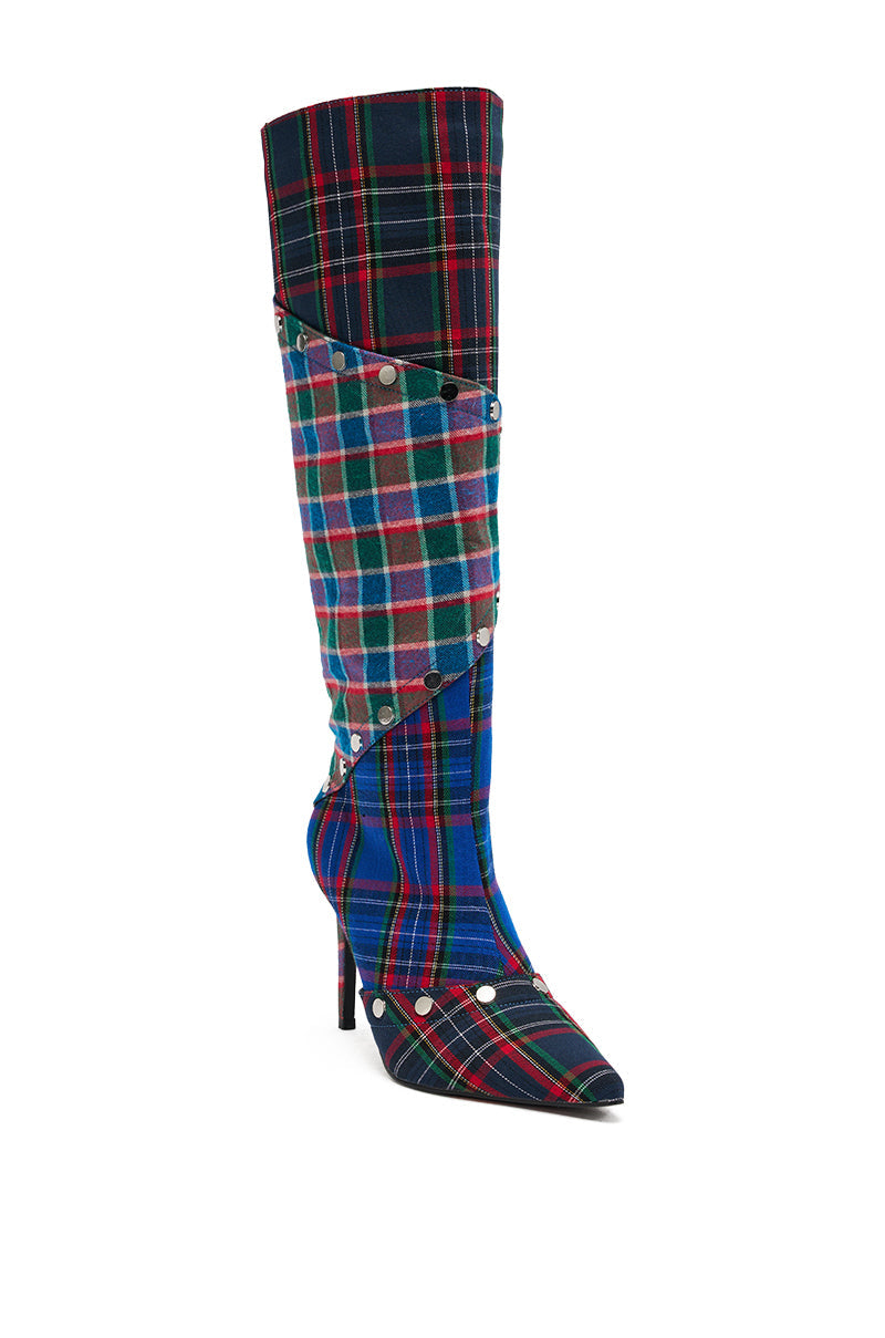 AZALEA WANG FENMORE PLAID MULTI COLOR BLOCKED STILETTO BOOT