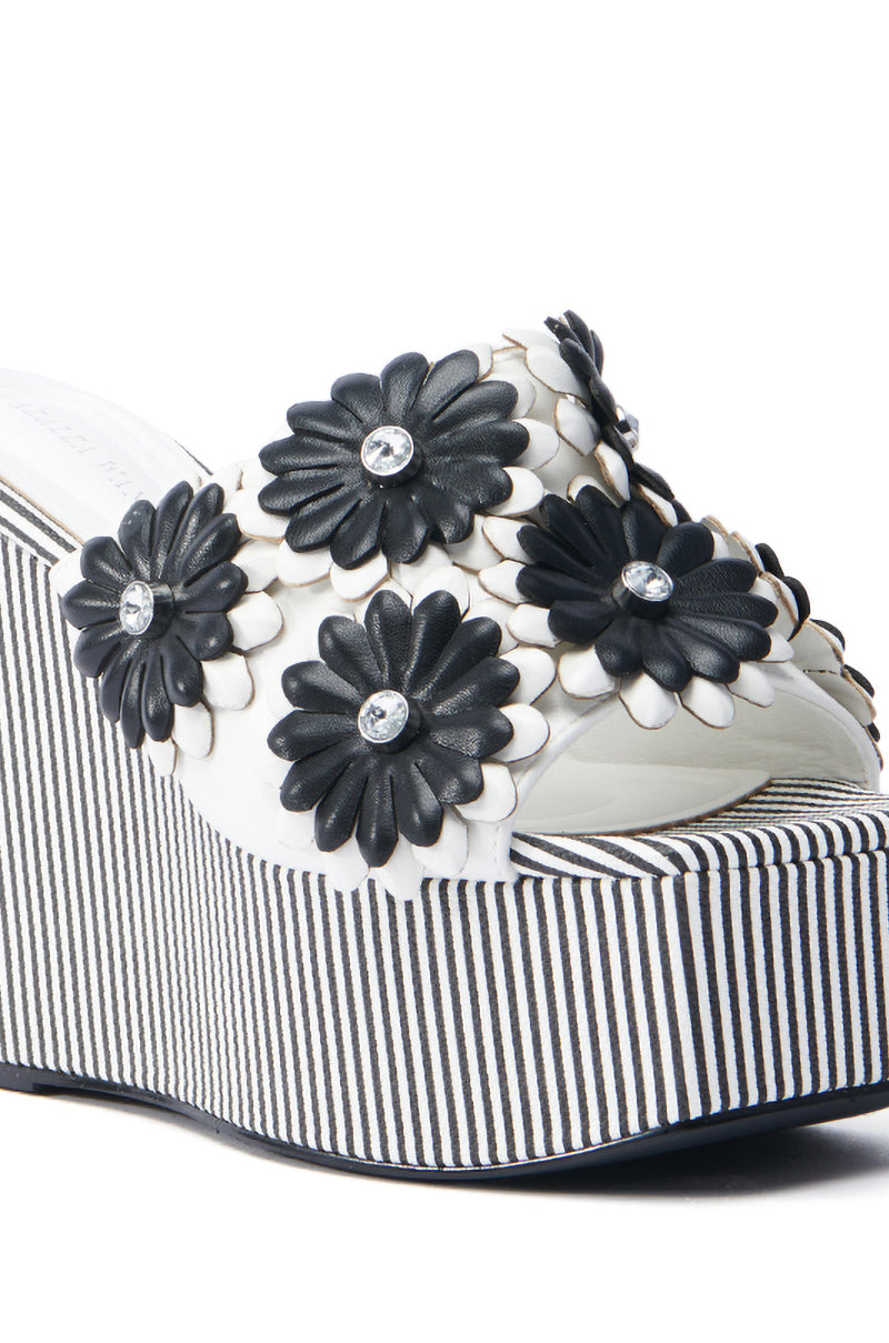 AZALEA WANG FREA WHITE AND BLACK STRIPED FLORAL WEDGE SANDAL