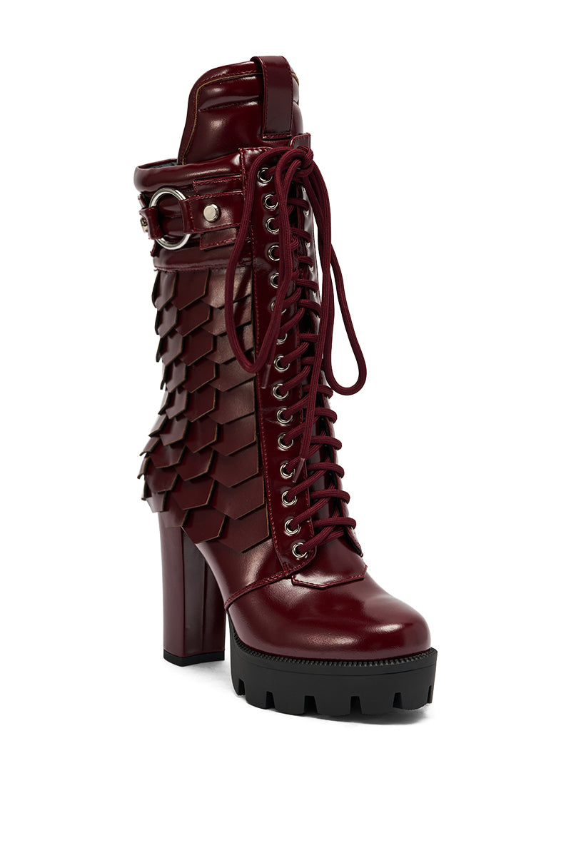 AZALEA WANG GERNOT BURGUNDY LACE UP SCALED PLATFORM BOOTIE