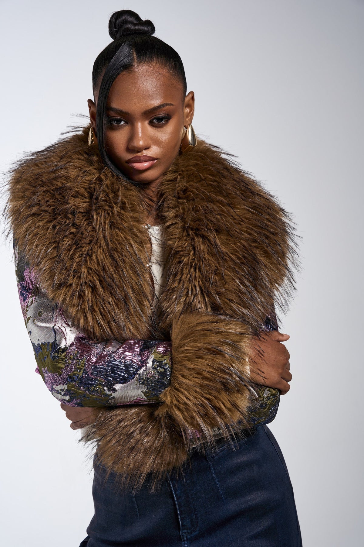 GISELE FUR TRIM MOTO IN BROCADE