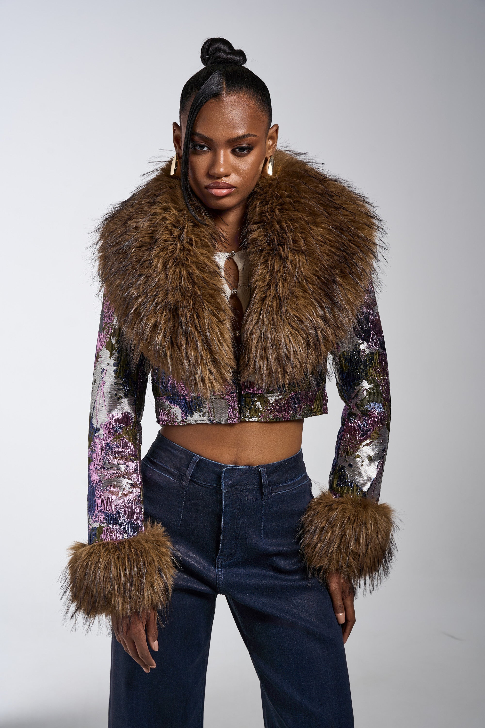 GISELE FUR TRIM MOTO IN BROCADE