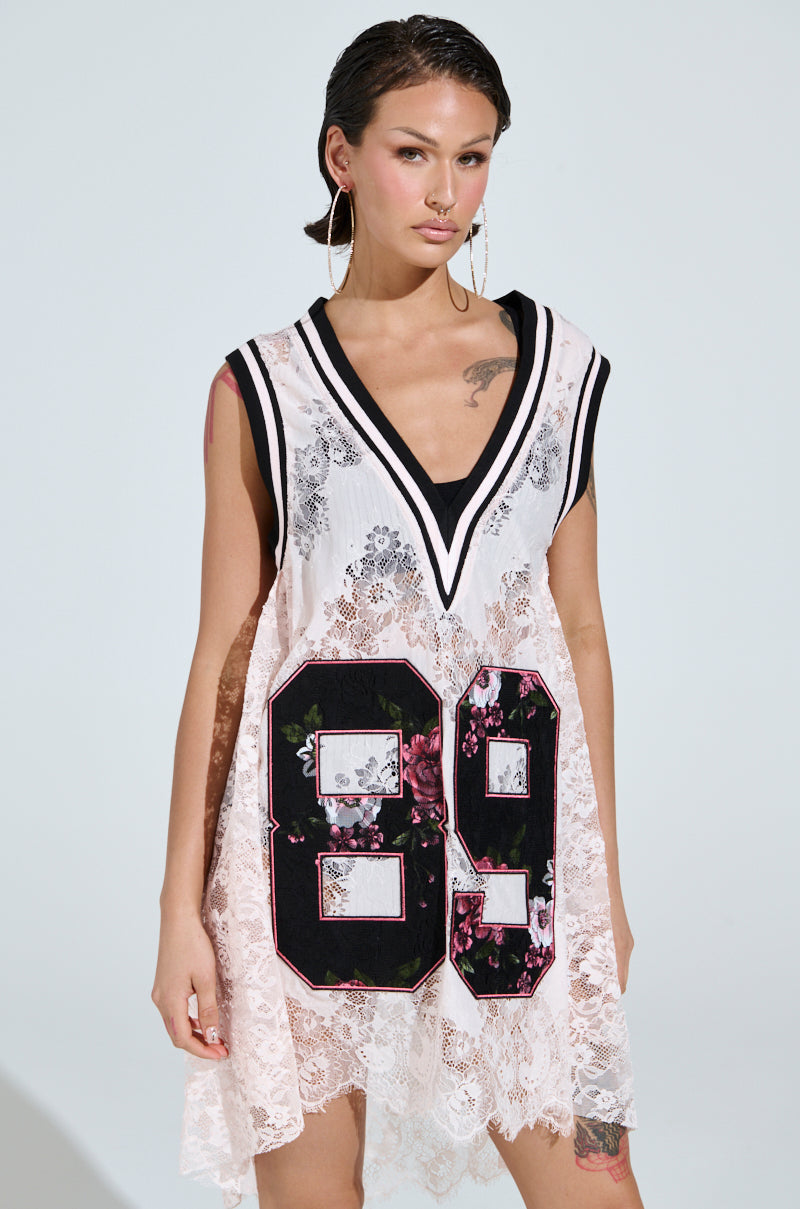 ON THE SIDELINES LACE JERSEY MINI DRESS IN PINK