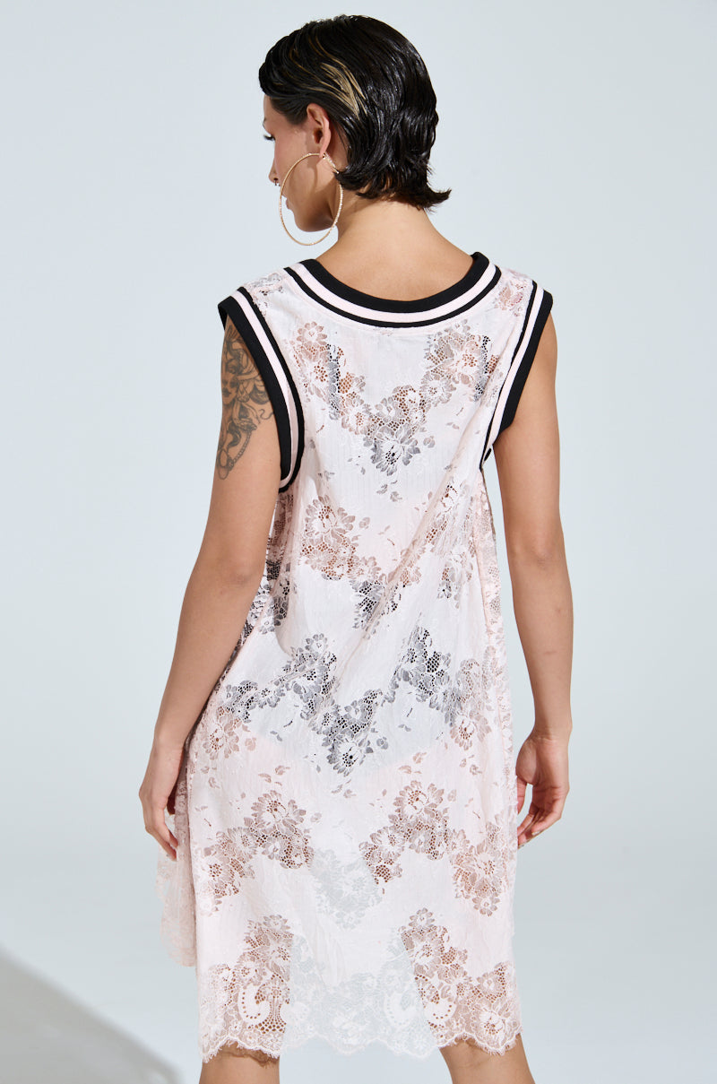 ON THE SIDELINES LACE JERSEY MINI DRESS IN PINK