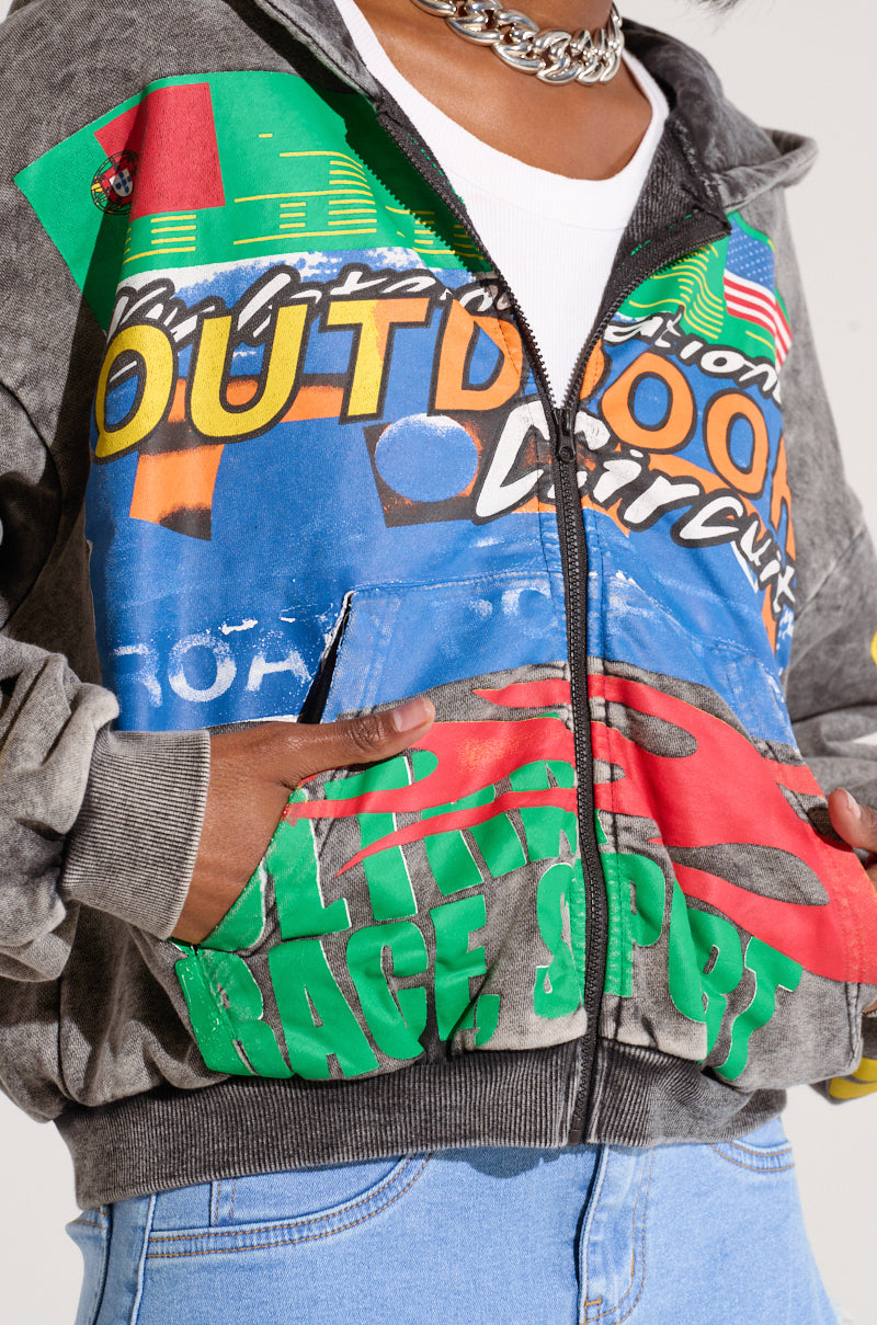 OFF TO THE RACES GRAPHIC ZIP UP HOODIE