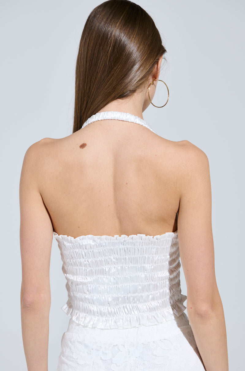 BABY DOLL RUCHED SATIN HALTER TOP IN WHITE