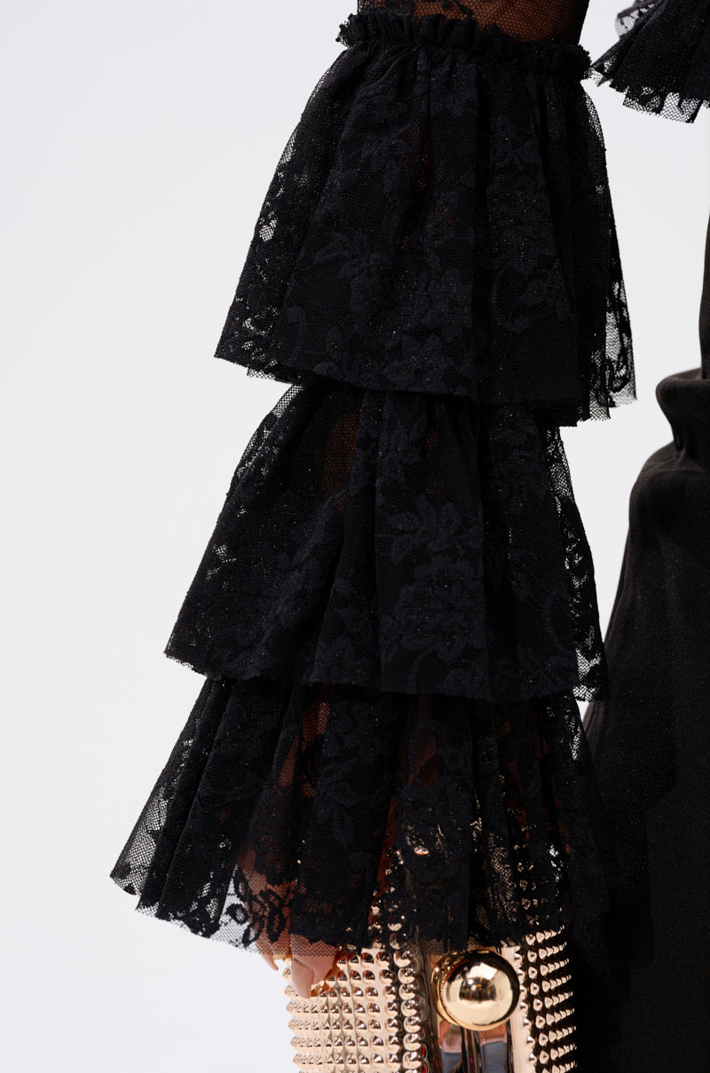 AN ELEGANT AFFAIR RUFFLE LACE BLOUSE IN BLACK