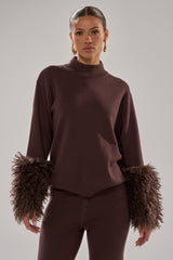 COZY VIBES SWEATER WITH FUR CUFF IN BROWN