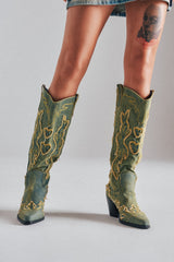 AZALEA WANG HEINRICH DENIM WESTERN LOW HEEL BOOT