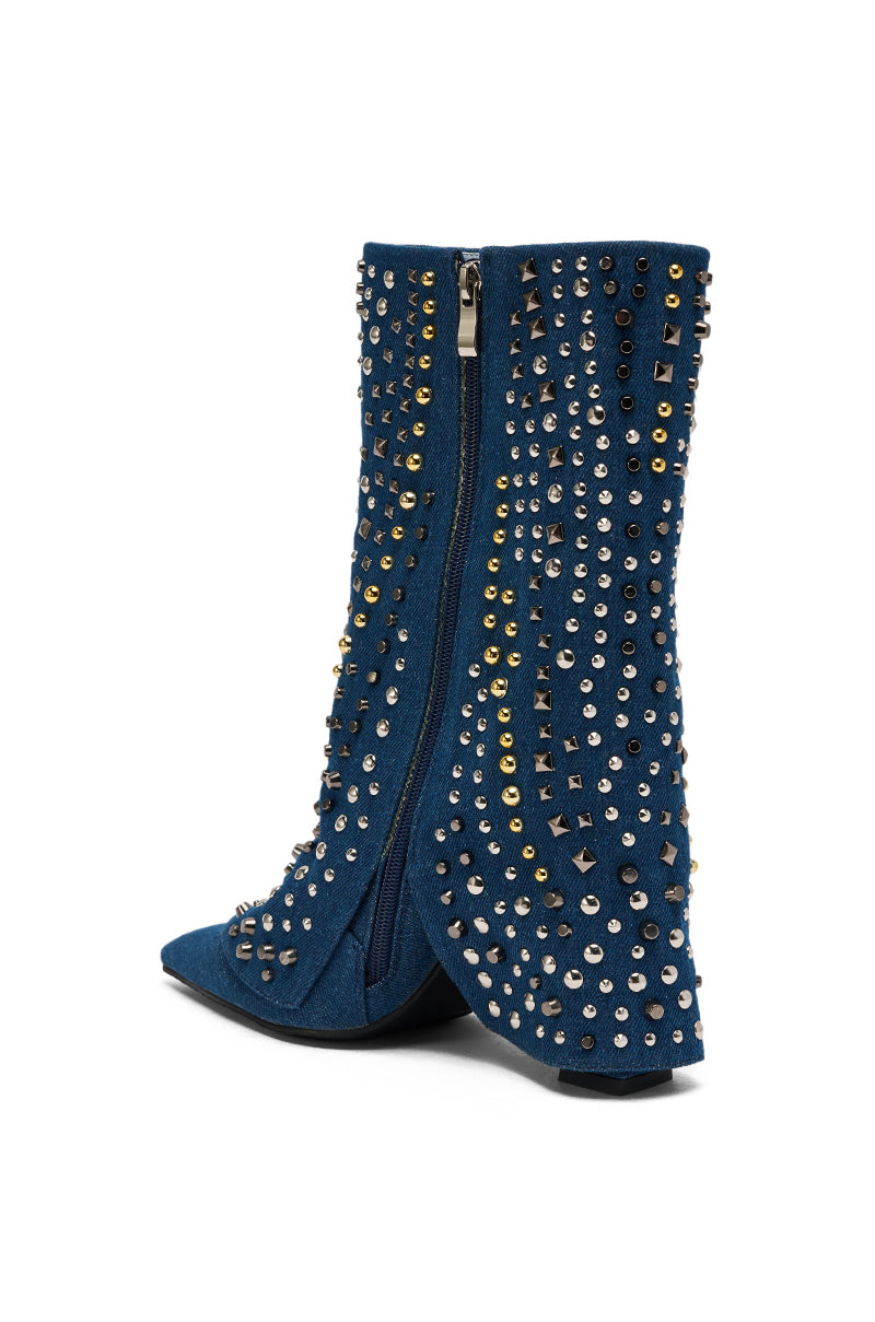 AZALEA WANG HENZI DENIM STUDDED CHUNKY BOOTIE