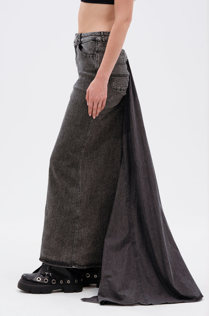 OH THE DRAMA DENIM MAXI SKIRT WITH TRAIN IN GREY