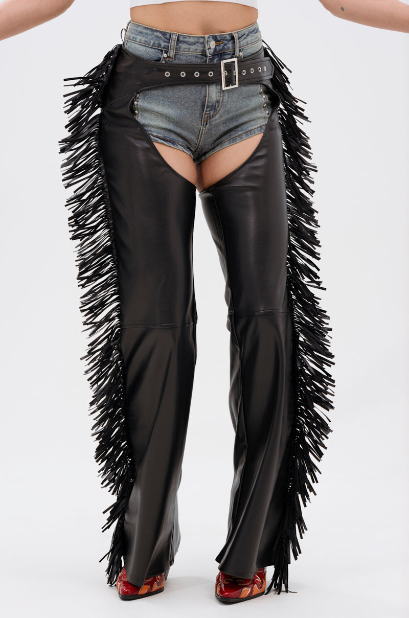 RODEO FRINGE FAUX LEATHER CHAPS