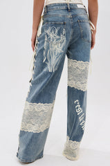 FEMME FATALE PRINTED AND LACE UP DETAIL DENIM JEANS